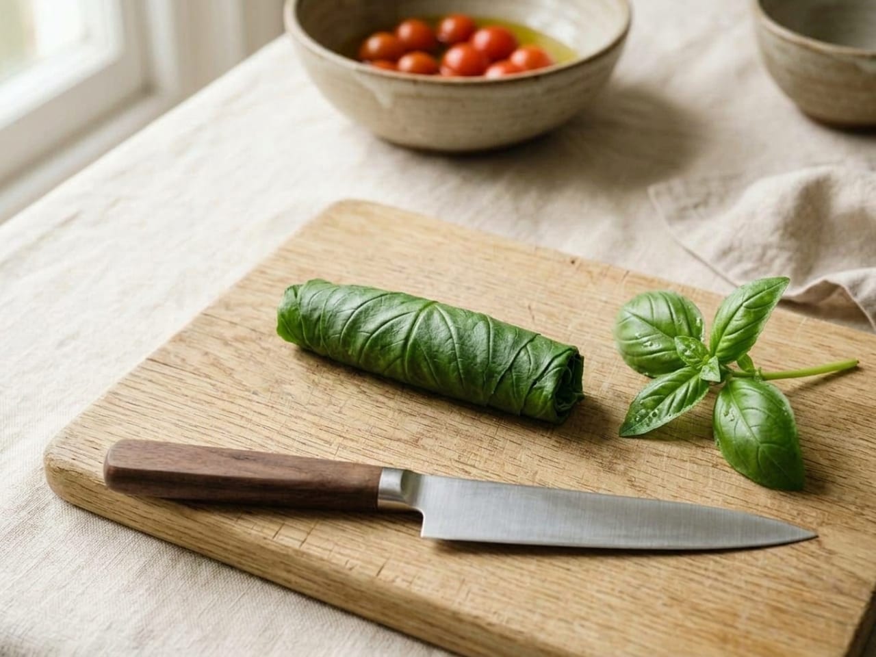 The same basil leaves rolled lengthwise into one tight green cigar-shaped roll lying on the wooden board