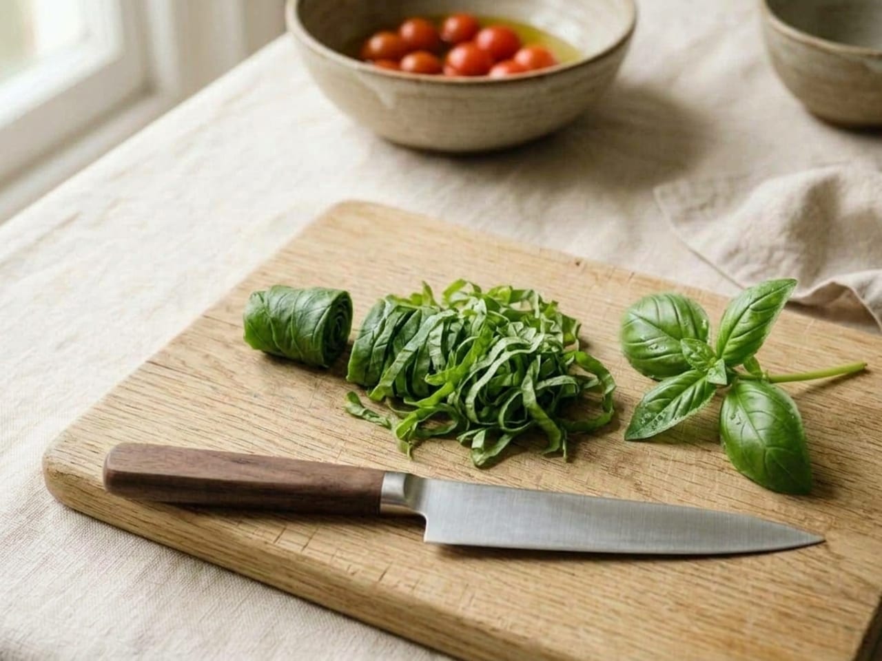 The basil roll sliced across into a loose pile of fine, fluffy green ribbons on the wooden board, a short uncut piece of the roll beside them