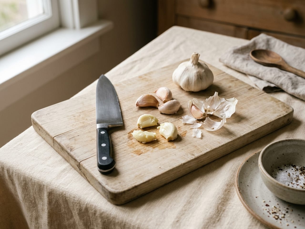 Several garlic cloves on a wooden board, a few lightly crushed and peeled with their papery skins beside them, a plain chef's knife lying flat nearby and a whole head of garlic at the back