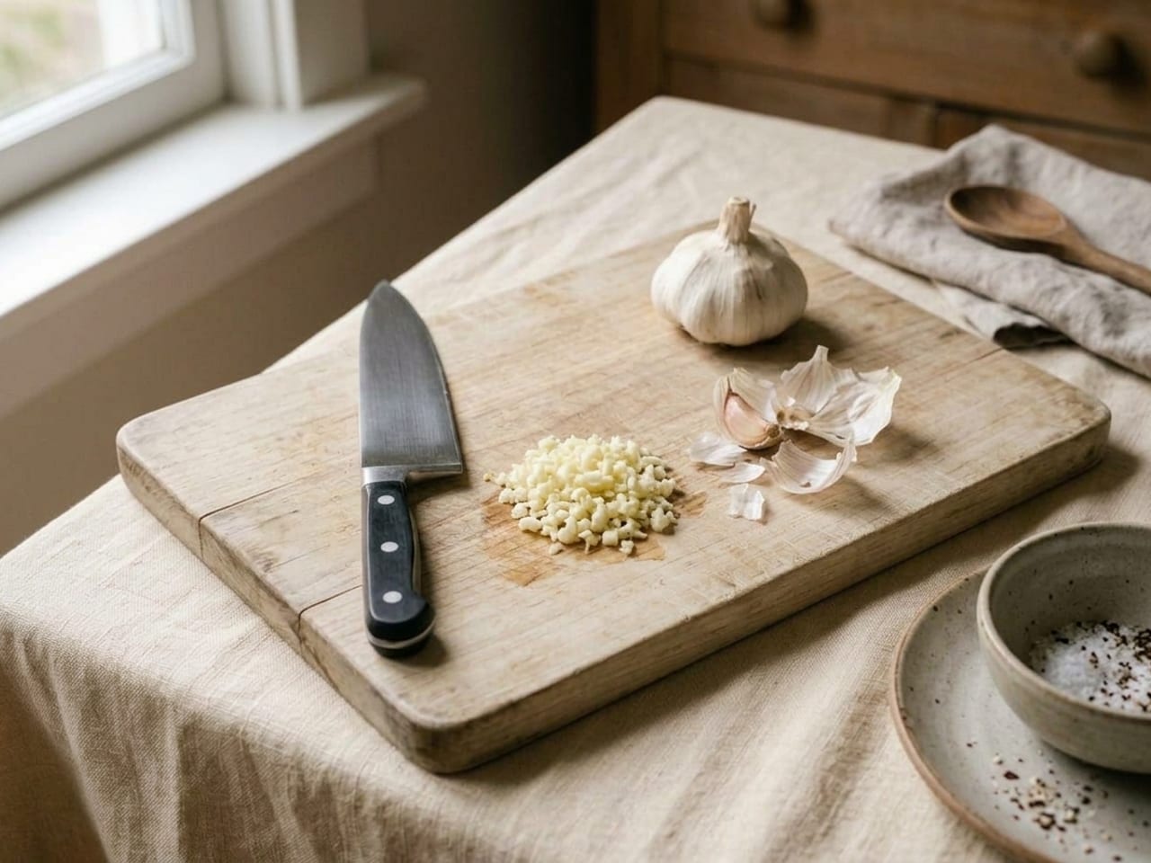 The peeled garlic now finely minced into a small neat pile on the wooden board, the knife beside it