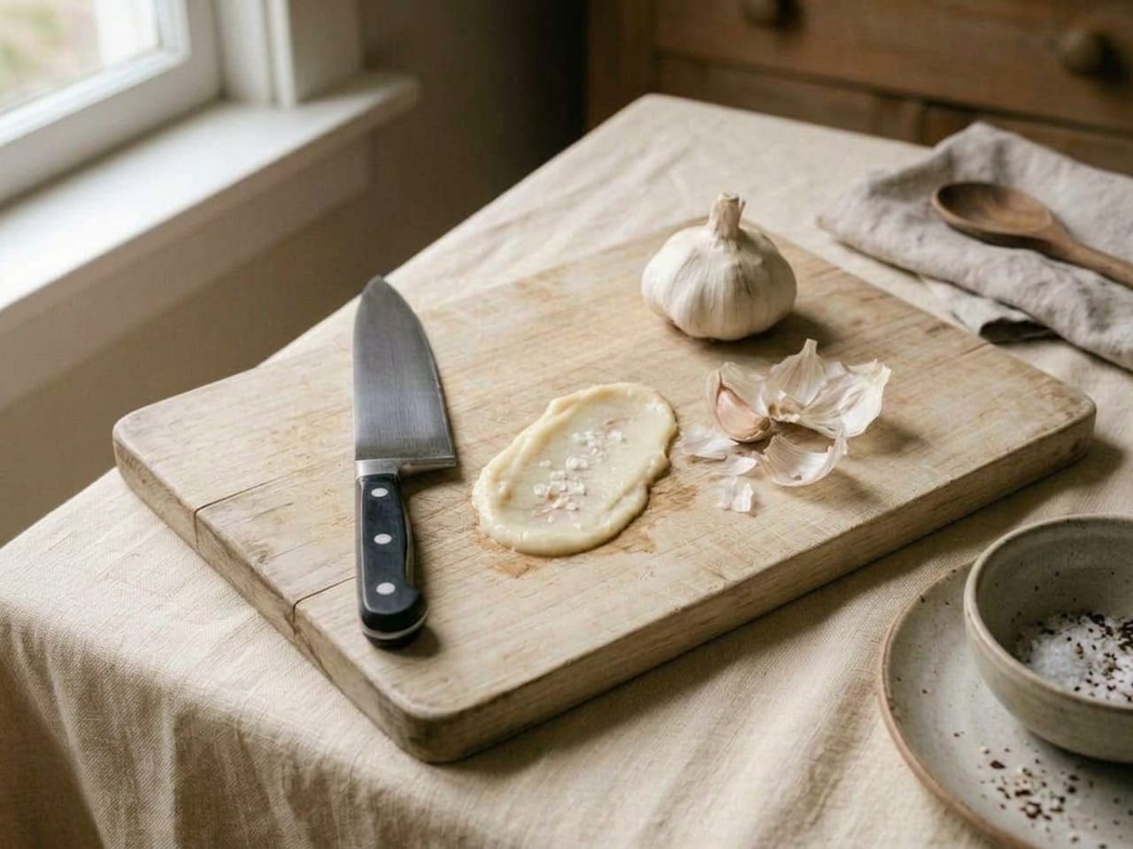 The minced garlic mashed into a smooth pale paste with a few coarse salt crystals, smeared flat across the wooden board, the knife lying beside it