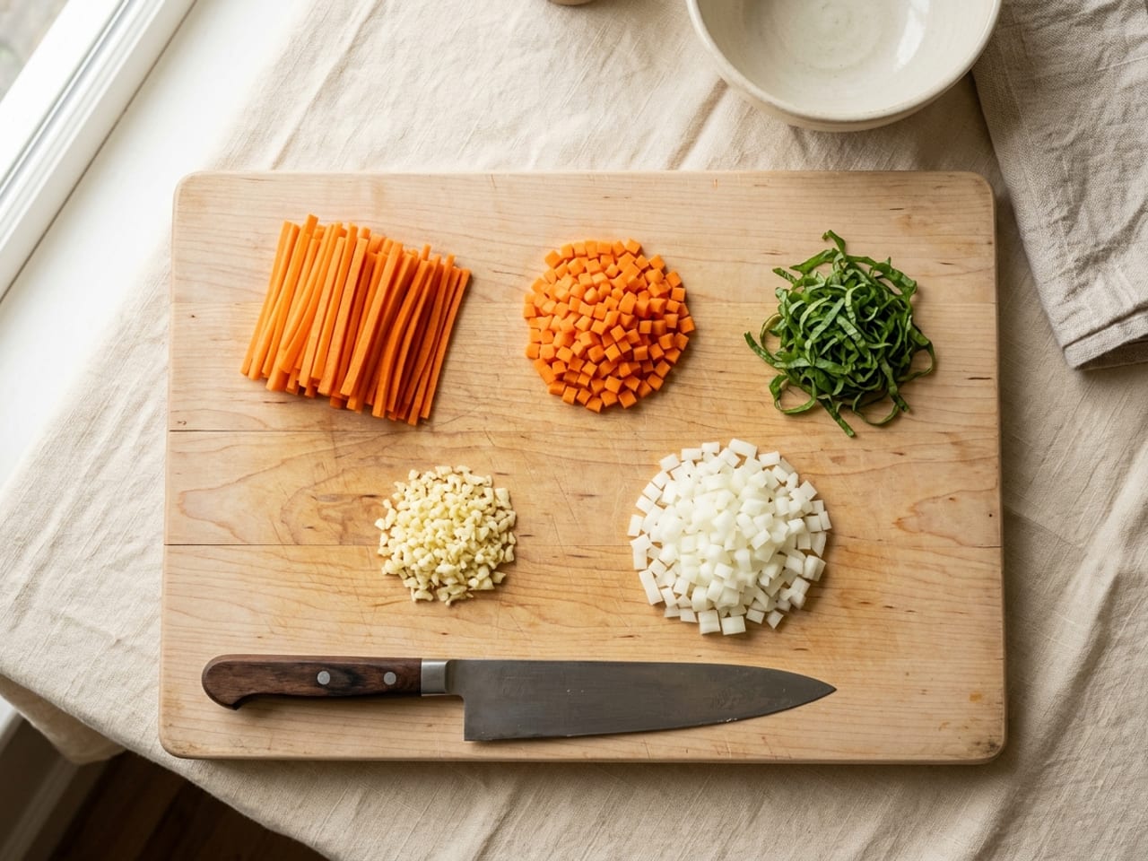Overhead view of a pale wooden cutting board with small neat piles of prepped vegetables: orange carrot julienne matchsticks, a mound of tiny carrot brunoise cubes, fine green ribbons of basil chiffonade, diced white onion and a little heap of minced garlic, with a plain chef's knife lying along the bottom edge