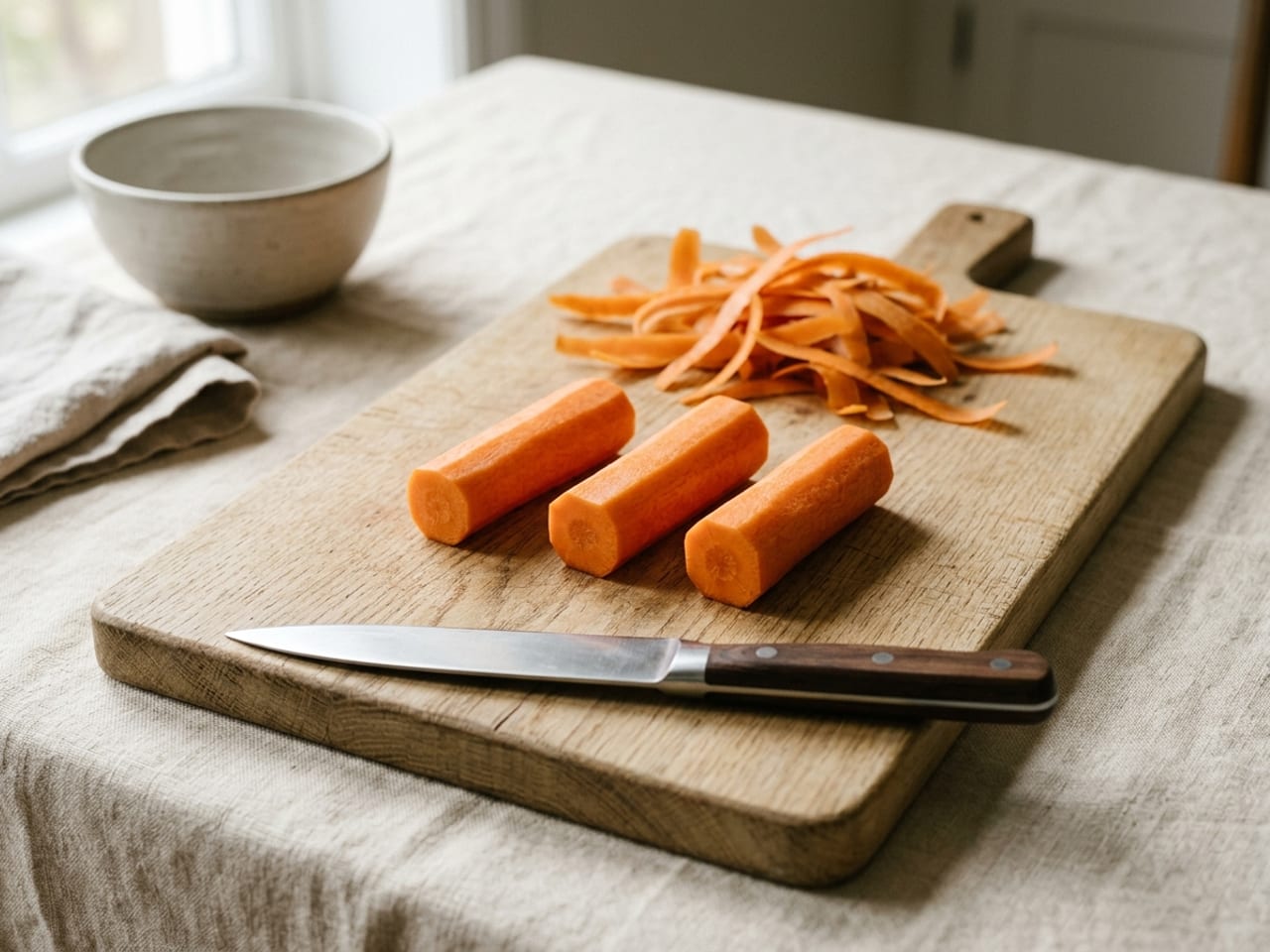 A peeled carrot cut into three lengths about 2 inches long, still round, lying on a pale wooden board, a pile of orange peelings at the back and a plain chef's knife at the front
