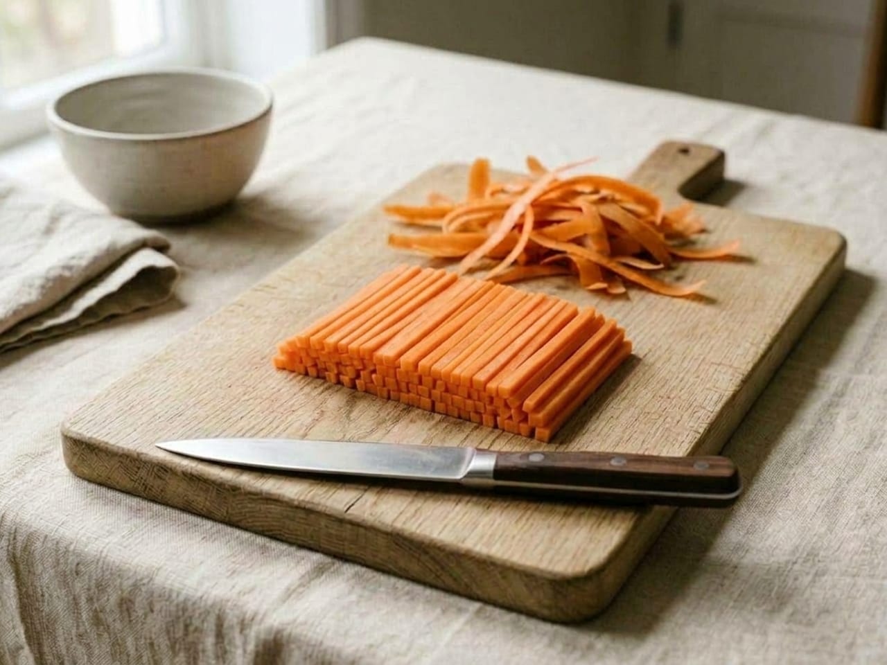 The carrot planks cut into a neat bundle of thin, even orange matchsticks about 3 mm square, lying side by side on the wooden board