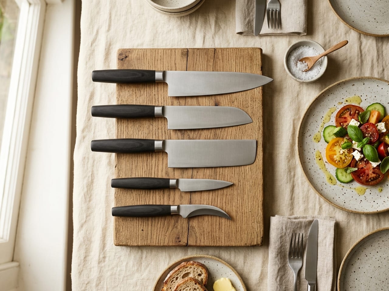 Five plain unbranded kitchen knives laid side by side on a wooden board: a large curved chef's knife, a santoku with a flatter edge and rounded dropped tip, a rectangular nakiri, a small paring knife and a short bird's beak knife with a blade curving down