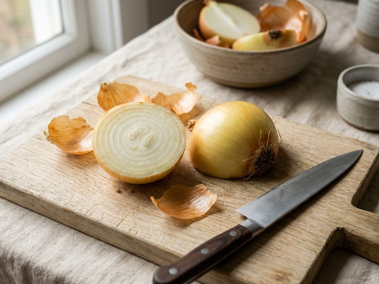 A peeled yellow onion halved lengthwise through the root on a wooden board, one half lying cut side down with its root end intact, the other half cut side up showing its rings, a plain chef's knife beside them