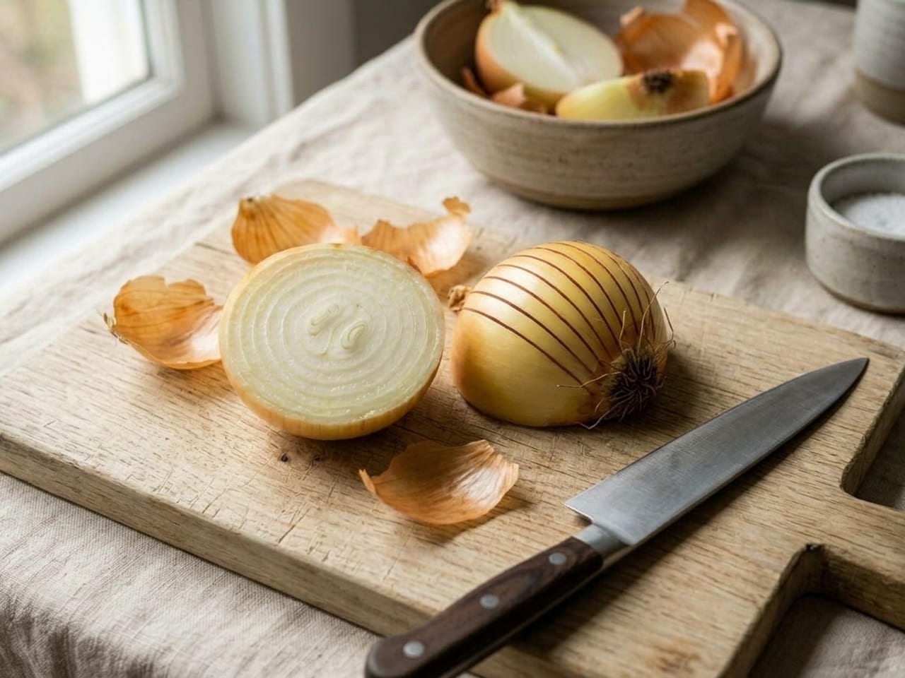 The cut-side-down onion half with a fan of thin lengthwise cuts running from the stem end almost to the root, the uncut root end holding the slices together