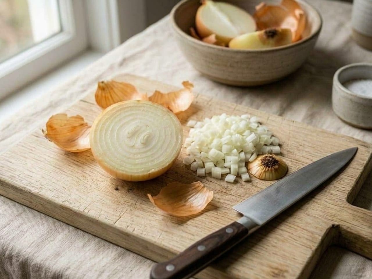 A pile of small, even diced onion on the wooden board with the uncut root end of the onion half left beside it
