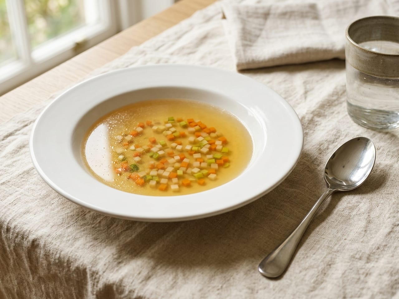 A wide white rimmed soup plate of clear golden consommé with a scattering of tiny even cubes of orange carrot, pale turnip and green leek at the bottom, a spoon beside the plate