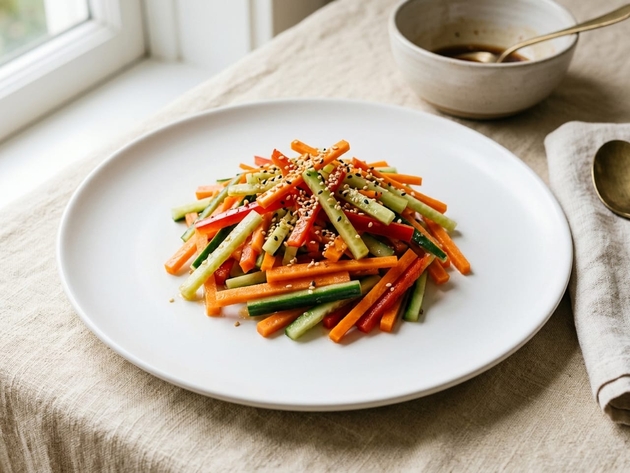 A loose mound of short julienne matchsticks of carrot, cucumber and red pepper in the center of a wide white plate, lightly dressed and sprinkled with sesame seeds