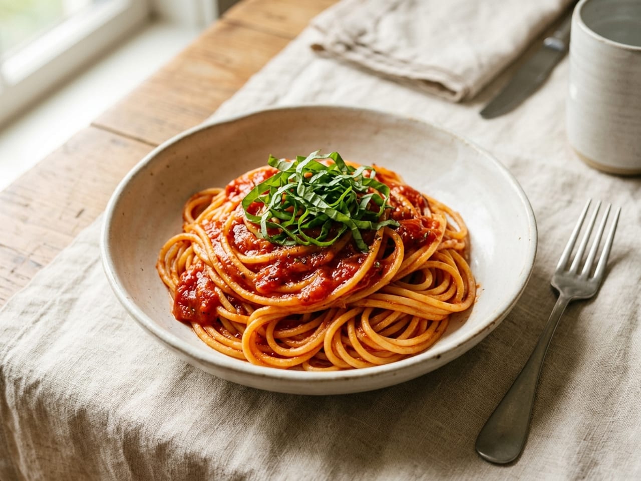A shallow white bowl of spaghetti in glossy red tomato sauce topped with a small loose tangle of fresh green basil chiffonade ribbons
