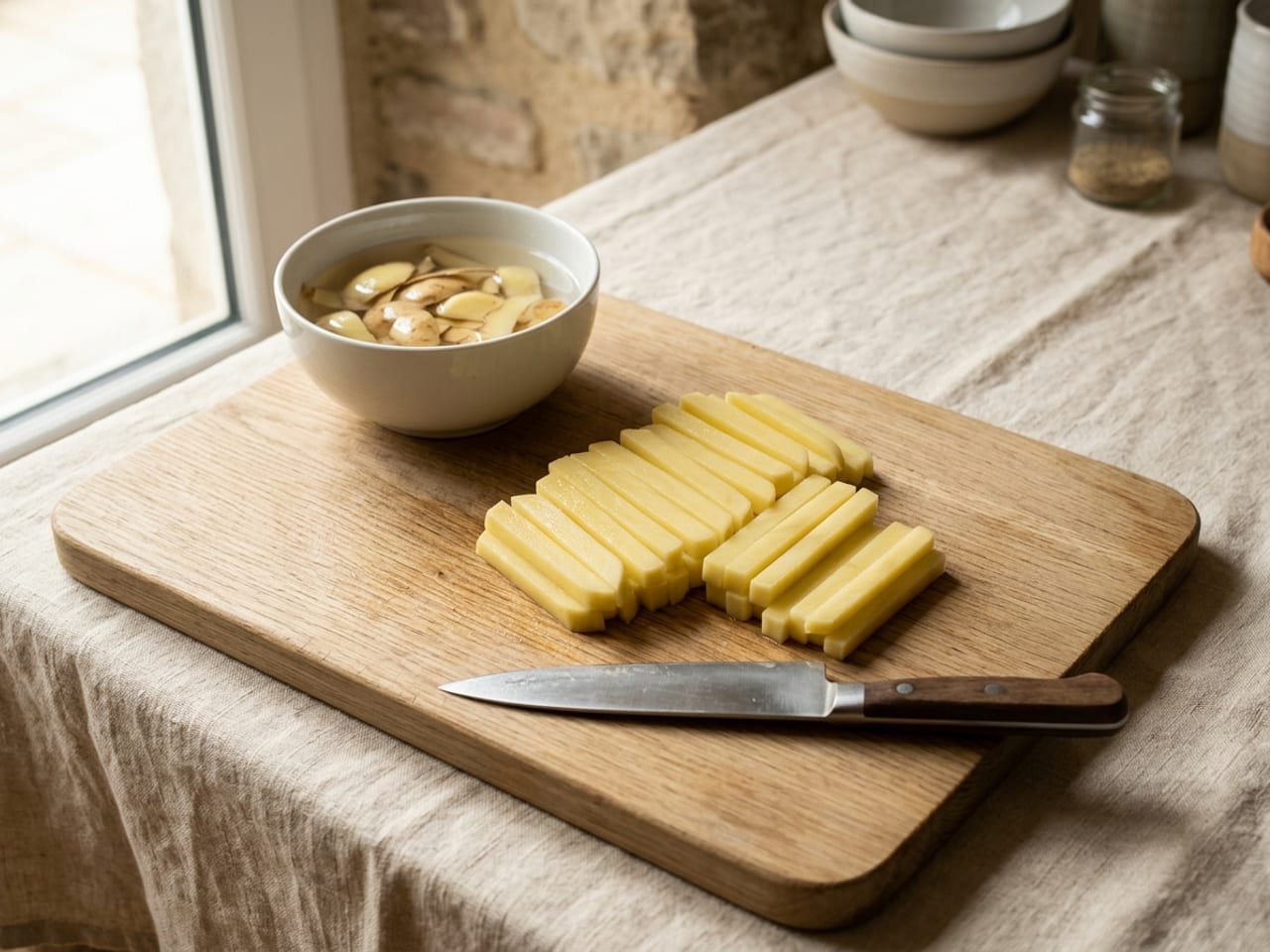 A peeled potato squared off and cut into neat pale batonnet sticks about 6 mm square on a wooden board, the rounded potato trimmings in a small bowl of water behind