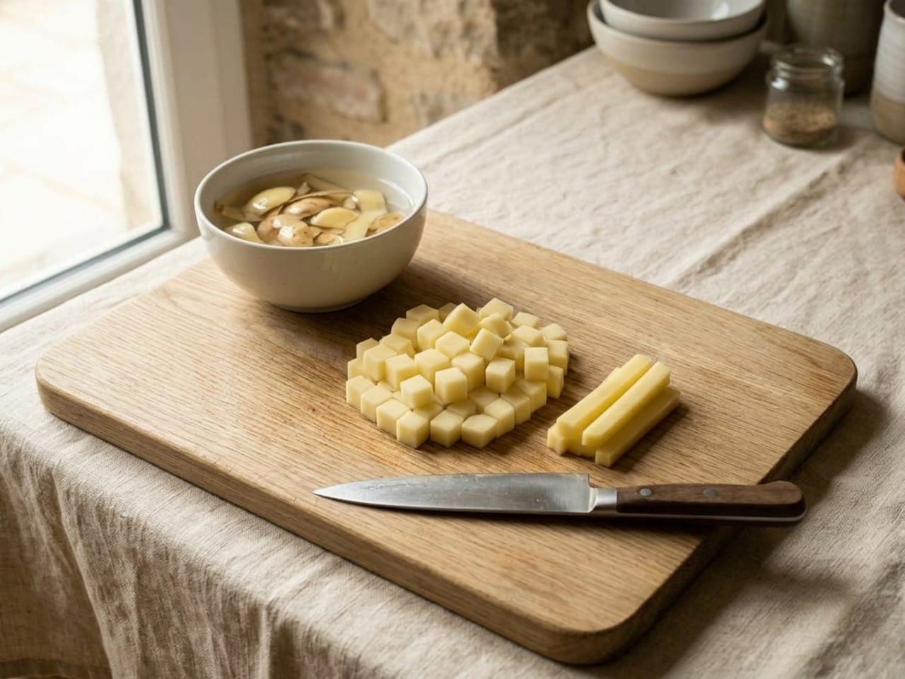 The same potato sticks cut across into a neat pile of small, even pale cubes about 6 mm on each side on the wooden board, a few uncut sticks beside them