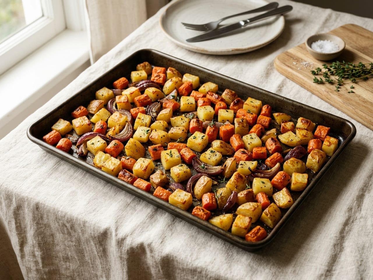 A sheet pan of roasted carrot, potato and red onion cut to even medium dice, every piece roasted to the same golden brown