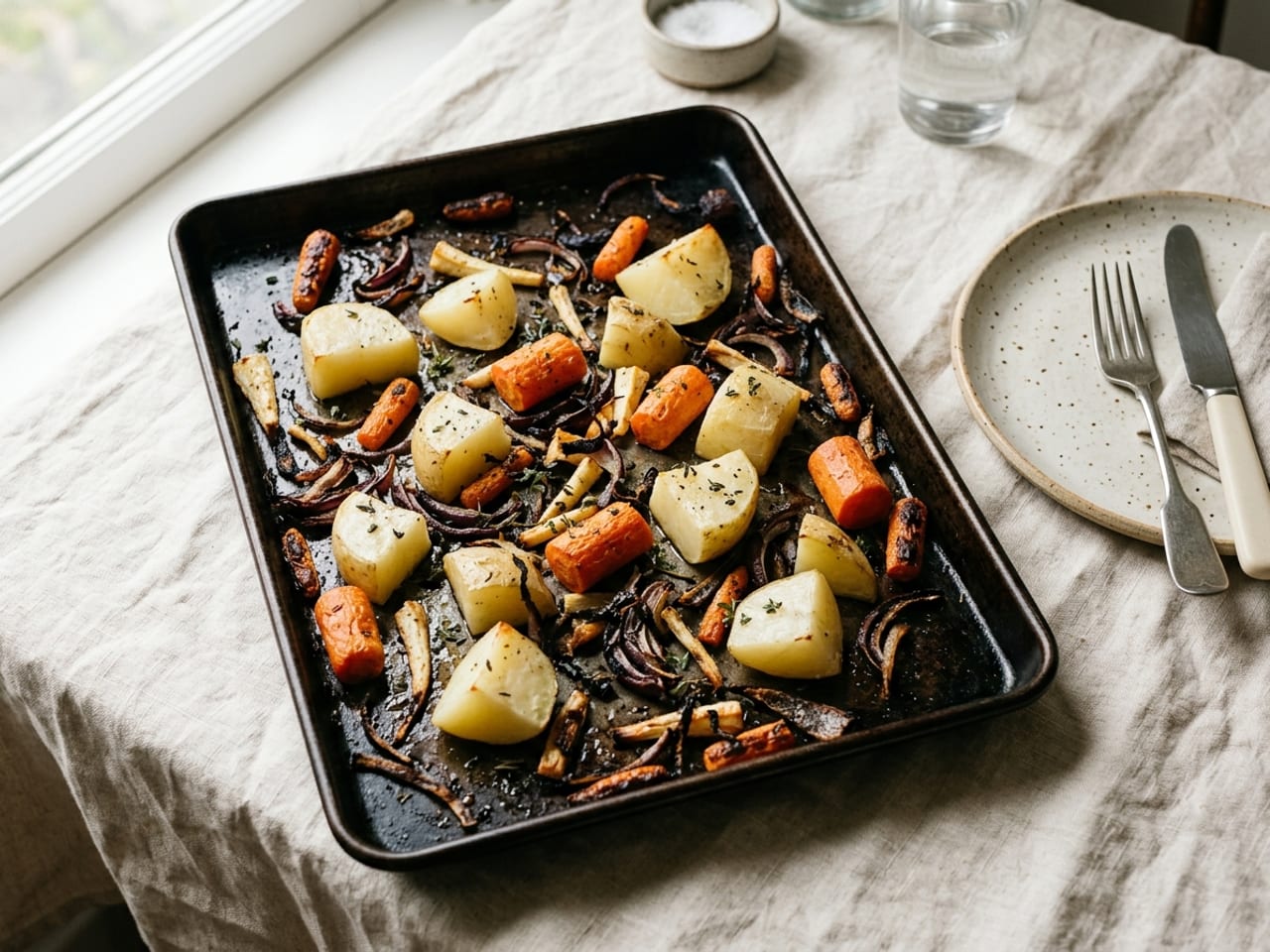 A sheet pan of roasted root vegetables cut to very uneven sizes: big pale chunks of potato and carrot beside small scraps and thin slivers of red onion that are charred almost black
