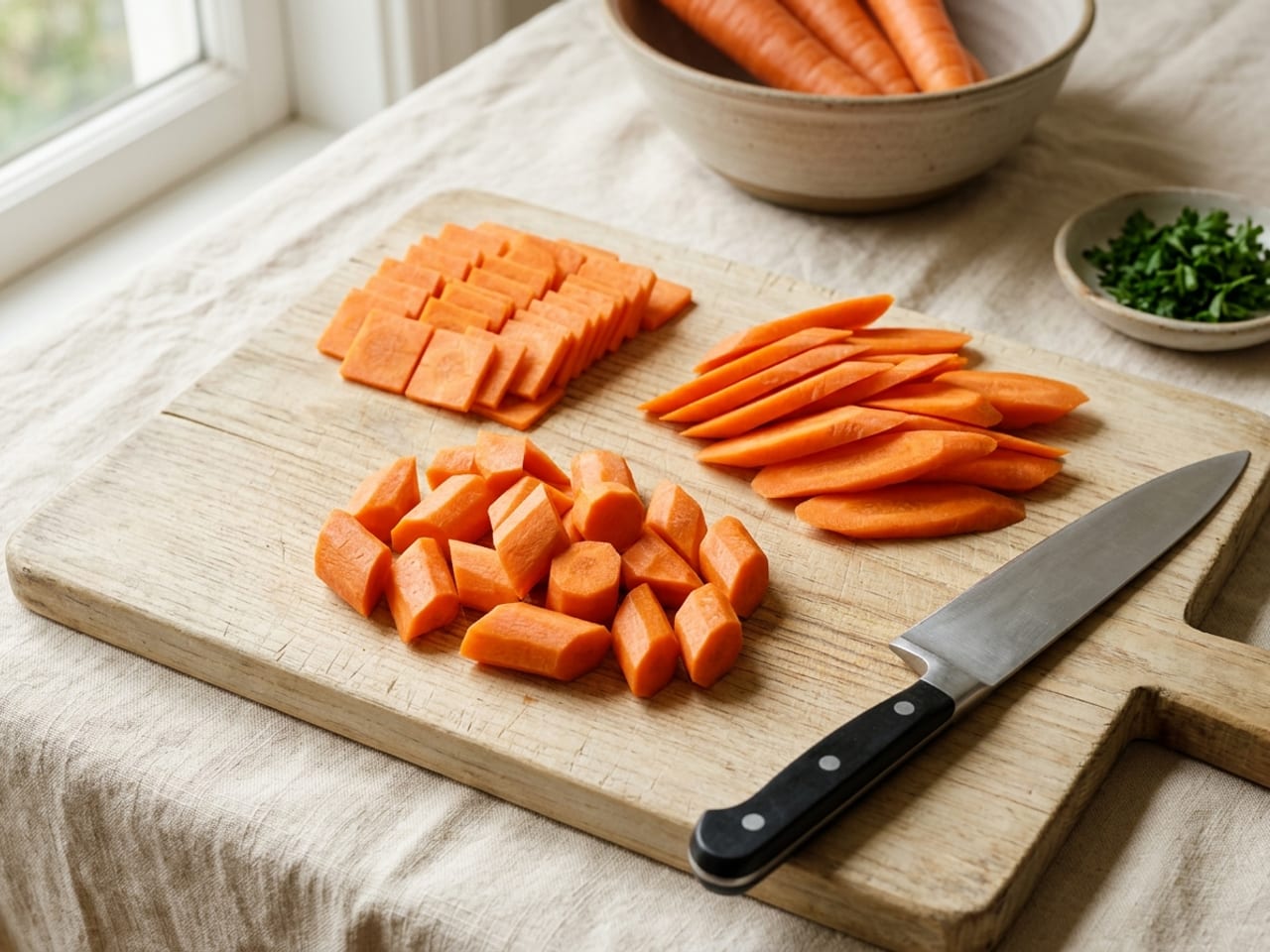 Three neat groups of cut carrot on a wooden board: thin flat paysanne squares, long oval bias-cut slices, and chunky oblique roll-cut pieces with two angled faces