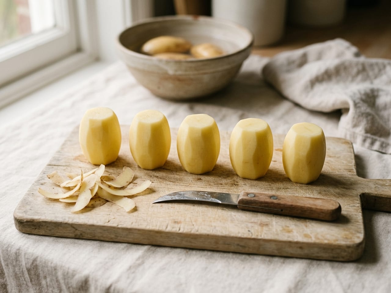 Five small pale potatoes carved into smooth barrel shapes with curved faces and flat ends on a wooden board, thin curls of potato peel beside them and a short paring knife