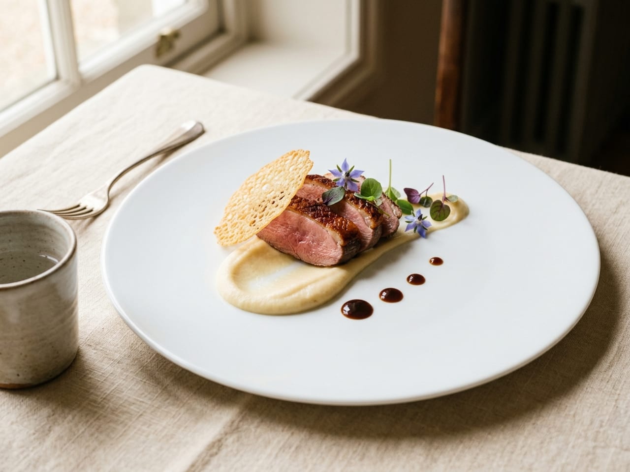 A fine-dining plate viewed at 45 degrees: parsnip purée swoosh, seared duck breast slices fanned on top, a crisp tuile leaning against them and micro herbs placed with intent, wide empty rim