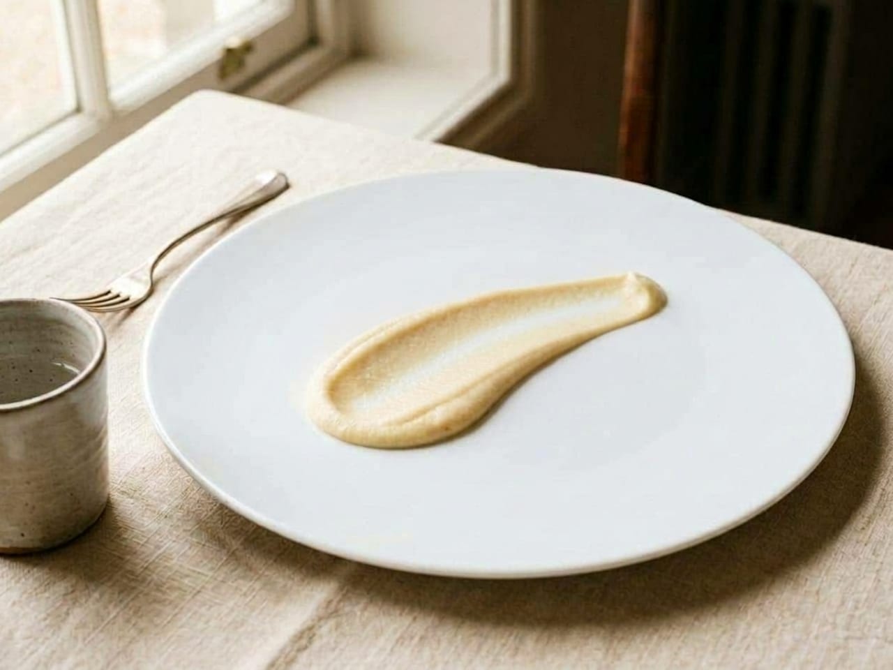 The same oversized white plate with one swoosh of ivory parsnip purée pulled across it