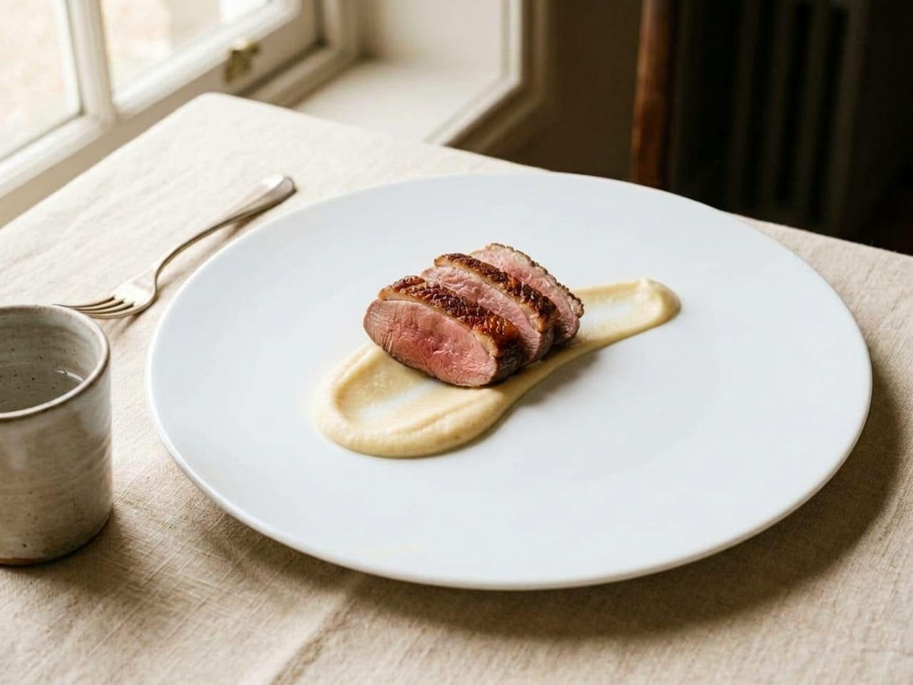 The same plate with rosy slices of seared duck breast fanned on the thick end of the purée swoosh