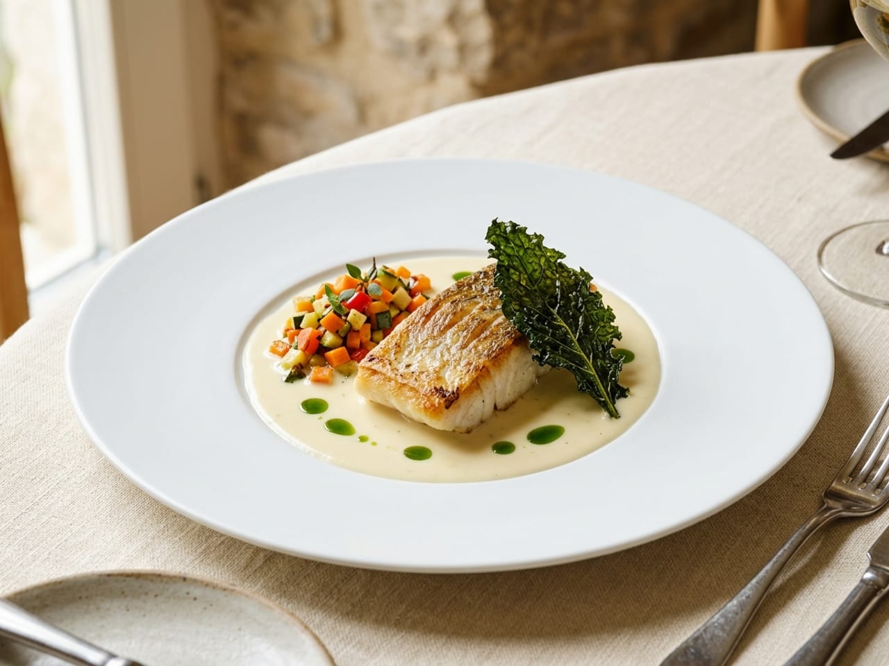 A fine-dining fish course on a wide-rimmed white plate: crisp-skinned white fish on a pool of beurre blanc, a neat pile of diced vegetables, a crisp fried kale leaf leaning on the fish and dots of green herb oil