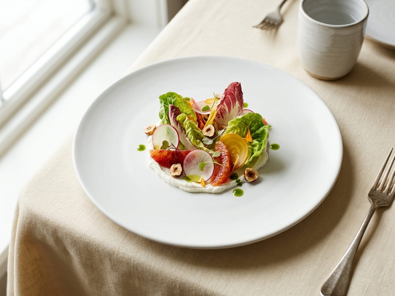 A fine-dining salad on an oversized white plate: whipped goat cheese base, upright folded lettuce and radicchio leaves, shaved radish and golden beet, blood orange segments, toasted hazelnuts and drops of herb oil