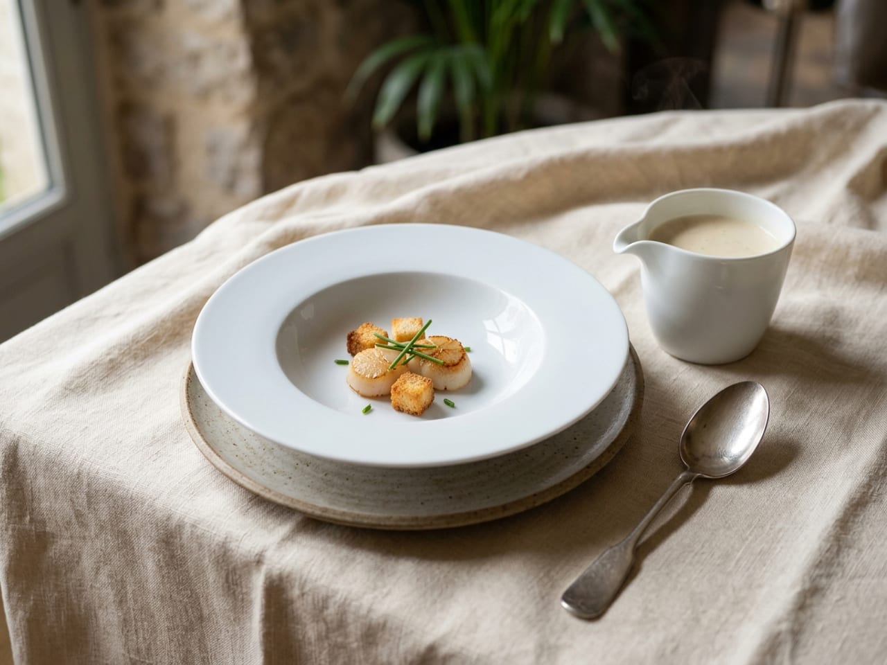 A wide shallow white soup plate holding only a small dry garnish of seared scallops, croutons and chive tips, with a small white jug of pale velouté beside it