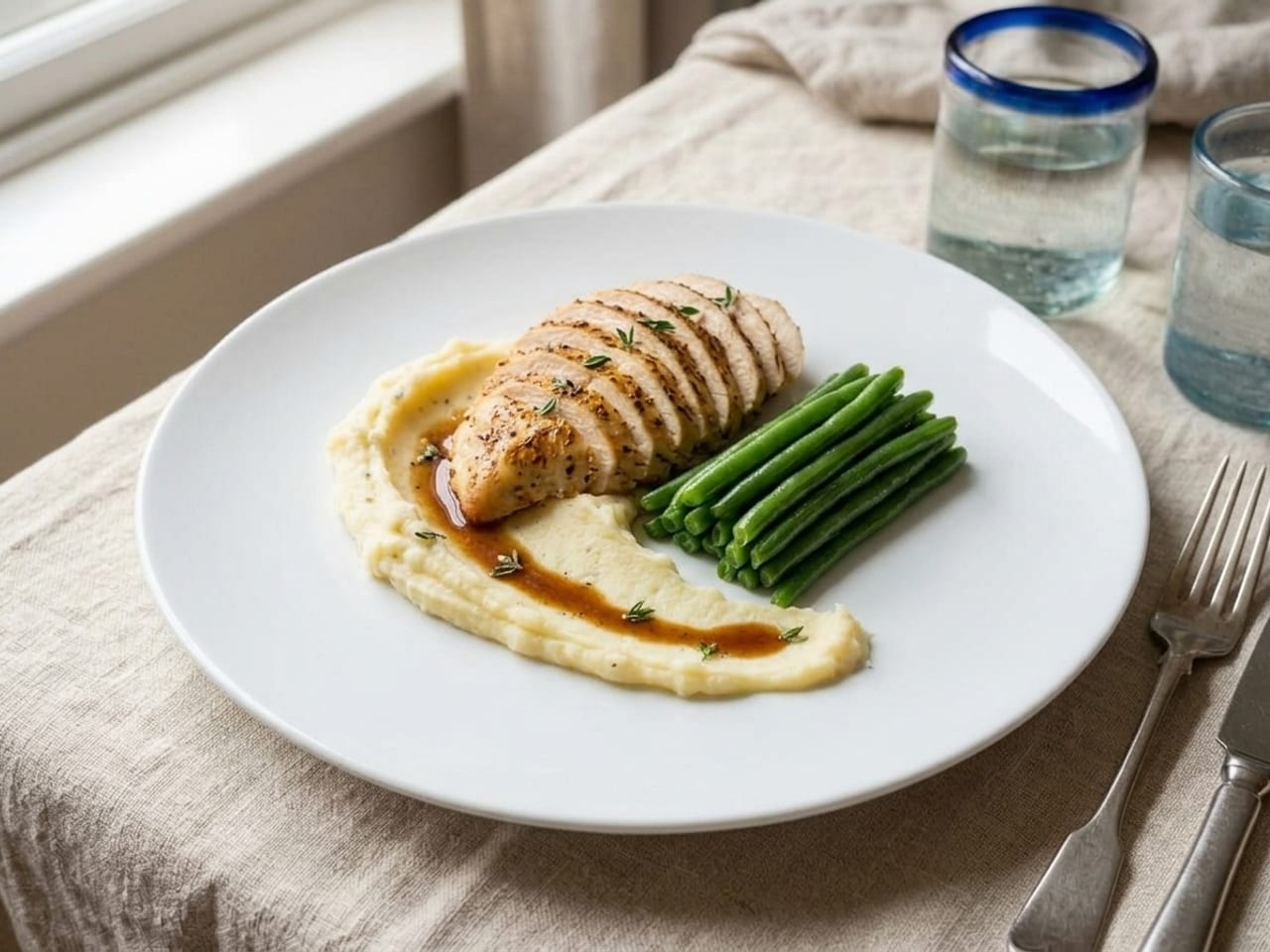 The identical meal re-plated fine-dining style: purée swoosh, sliced chicken fanned on top, green beans bundled beside, wide empty rim on an oversized white plate