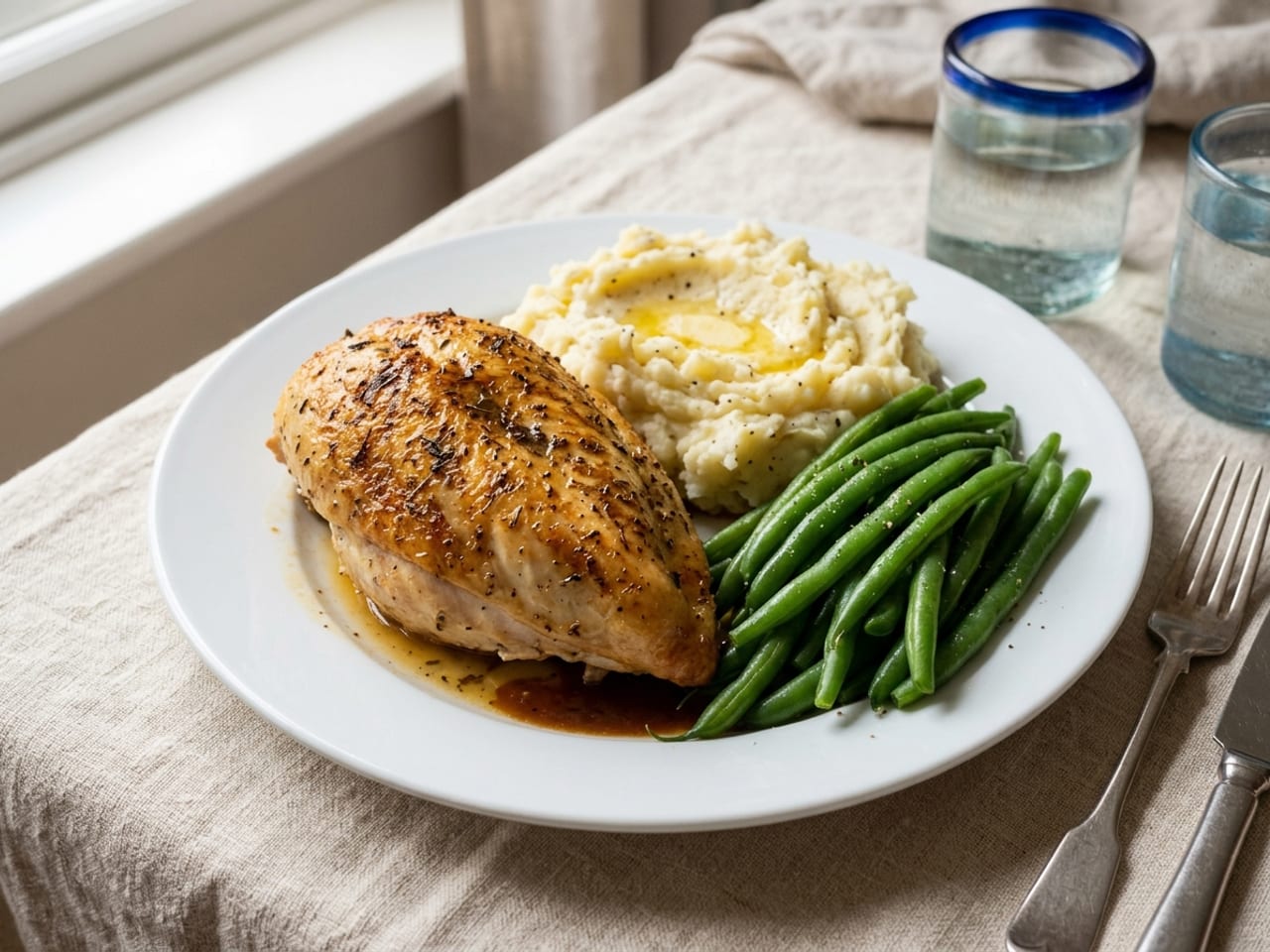 Chicken breast, mashed potatoes and green beans served side by side filling a standard dinner plate