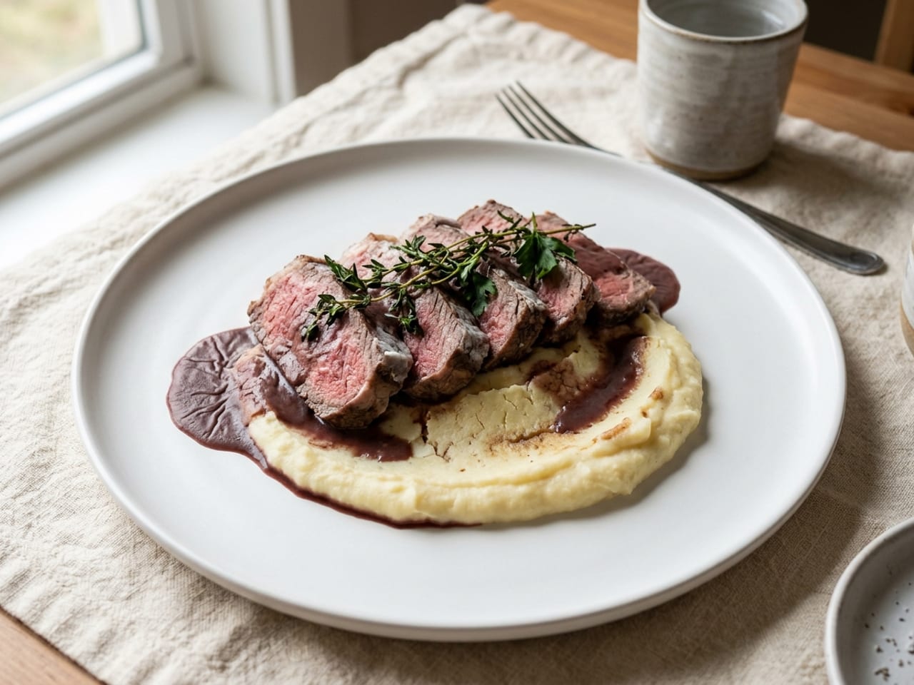 A neatly composed sliced steak on potato purée gone cold: the red wine sauce has set into a wrinkled skin and the purée has a dry, cracked crust