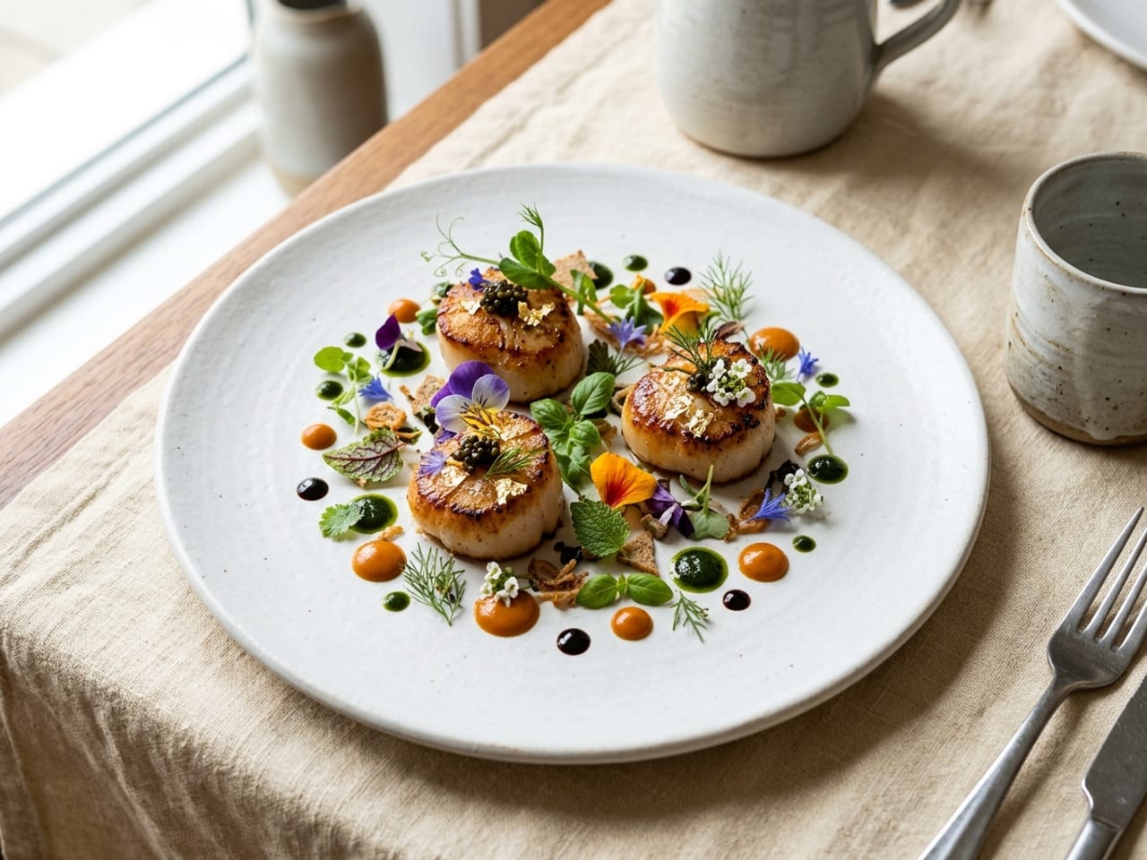 Three seared scallops almost hidden under around fifteen tweezered garnishes: cress, pea shoots, flower petals in several colours, caviar, gold leaf and dots of three sauces