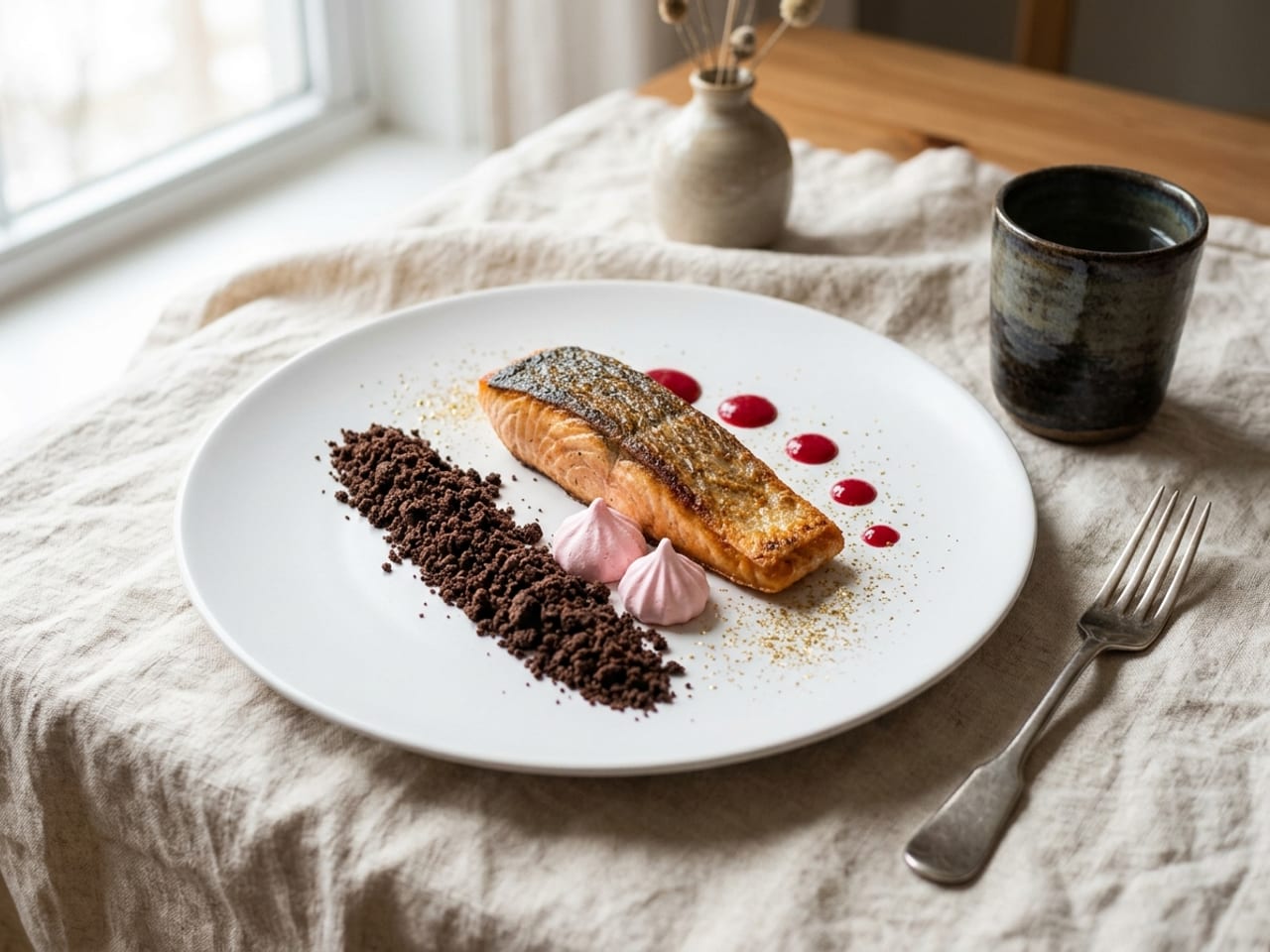 A seared salmon fillet dressed with dessert garnishes: chocolate cookie soil, pink meringue kisses, raspberry coulis dots and gold glitter