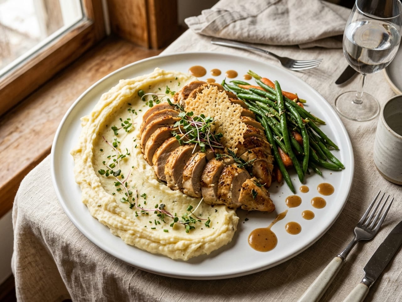 An oversized plate crammed with a full serving in fine-dining style: a huge mashed potato swoosh, two sliced chicken breasts heaped on it, a big bundle of green beans and sauce dots in the last gaps