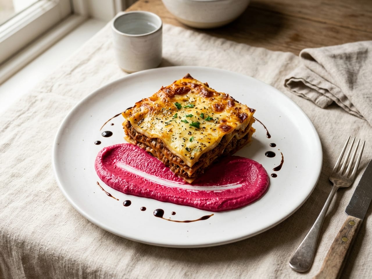 A square of beef lasagne set on a wide decorative swoosh of bright magenta beetroot purée and balsamic dots that have nothing to do with the dish