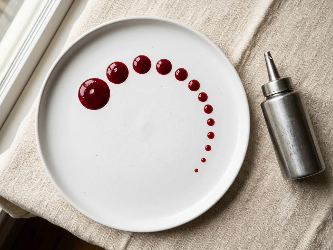 Overhead view of deep-red sauce dots shrinking in size along a curve on a white plate, a stainless squeeze bottle beside it