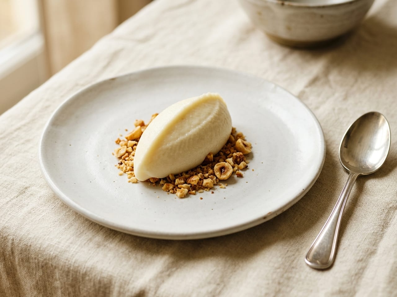 A single three-sided quenelle of pale celeriac purée with sharp ridged edges resting on toasted hazelnut crumble, a spoon beside the plate