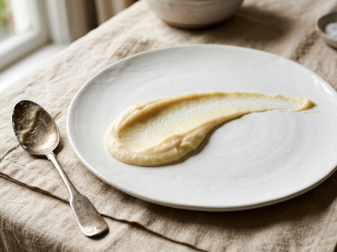 A single swoosh of ivory parsnip purée pulled across a matte white plate, thick where the spoon landed and tapering to a thin tail, the smeared spoon resting beside the plate