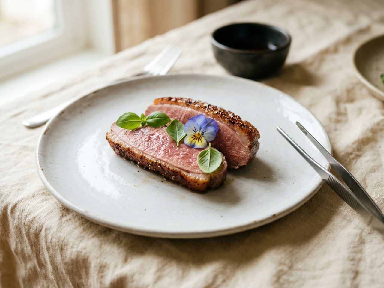 Two rosy slices of seared duck breast with micro basil leaves and one viola flower placed at deliberate angles, fine plating tweezers resting beside the plate