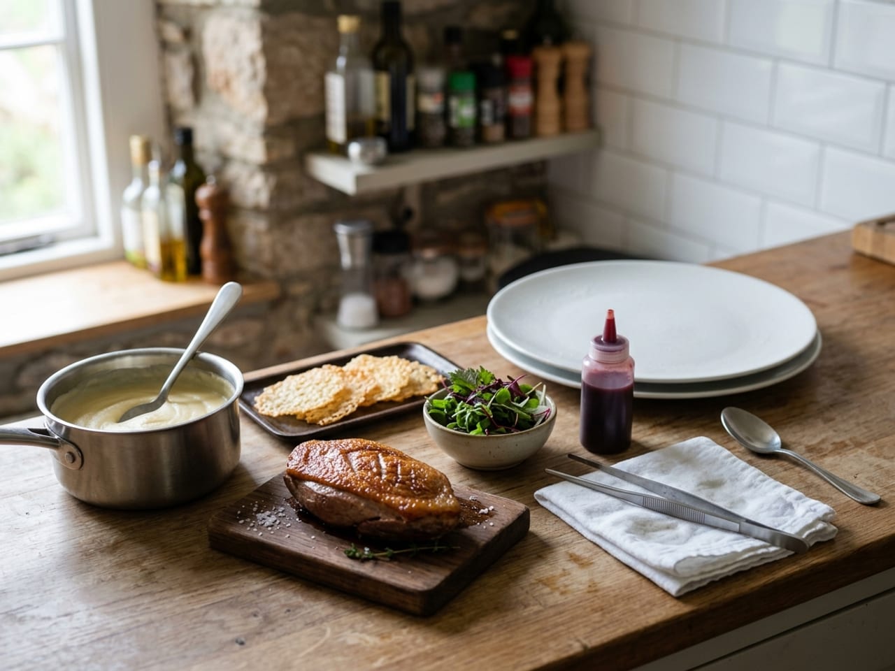 A home kitchen counter staged for plating: a pan of parsnip purée, a seared duck breast resting on a board, tuile crisps on a tray, a bowl of micro herbs, a squeeze bottle of red sauce, tweezers, a folded cloth and a stack of white plates