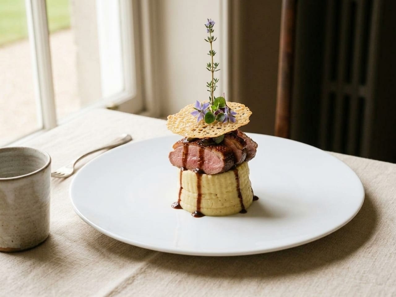 The duck dinner built as a dated 1990s tower: a ring-moulded cylinder of purée, duck slices stacked on top, a tuile lid and a tall herb sprig, sauce dribbling down the sides