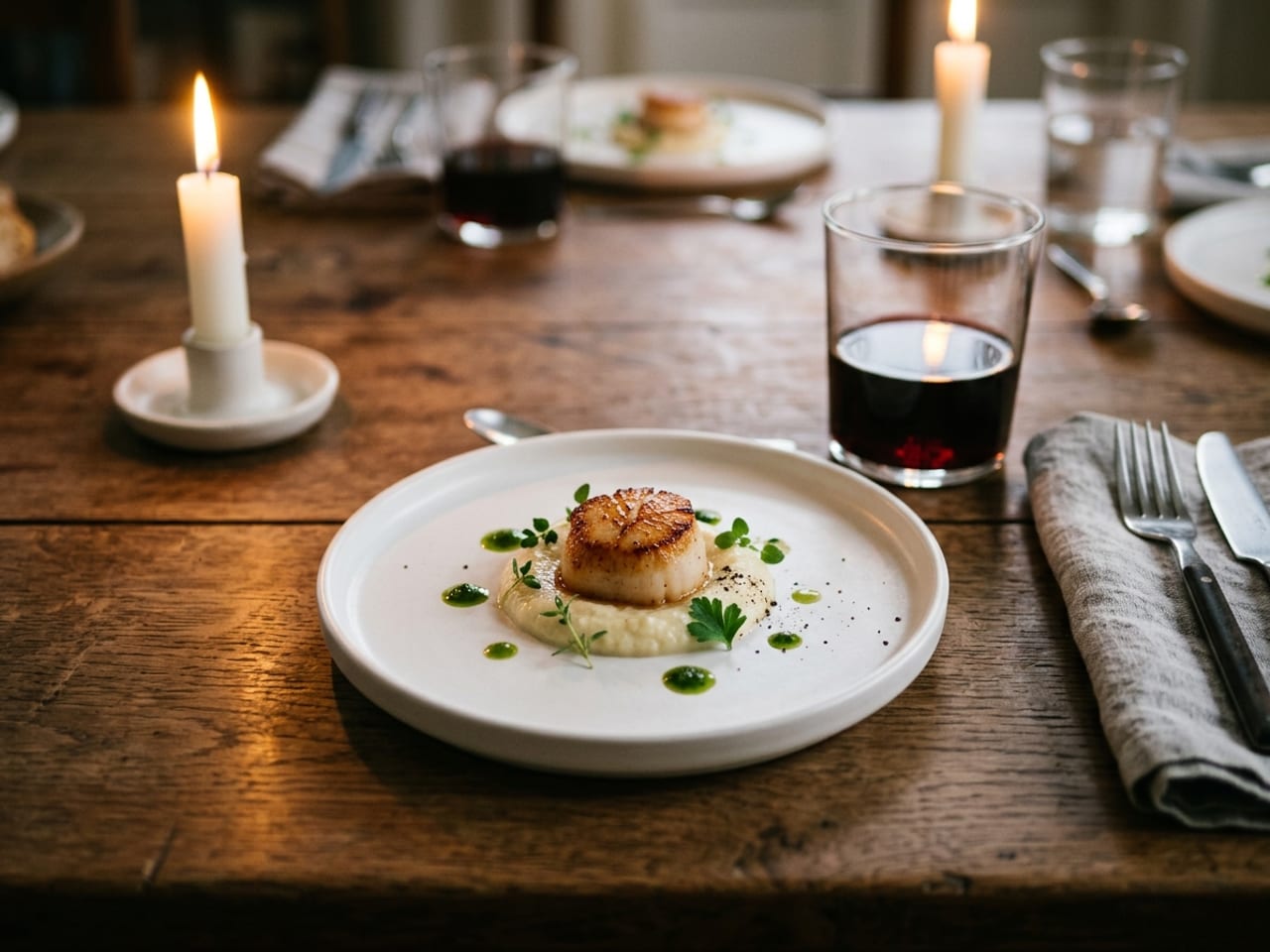 A home dinner party tasting course on a wooden dining table: a small, precisely plated course of seared scallop on a pale purée with a few drops of green oil on a white plate, a lit candle, a wine glass and a folded linen napkin