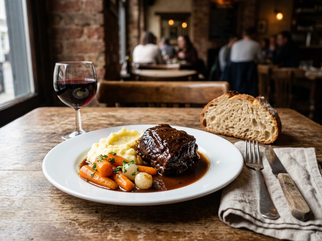 A generous bistro plate on a wooden table: a braised beef cheek with mashed potato and glazed carrots in a rich brown sauce, a glass of red wine and a piece of crusty bread beside it