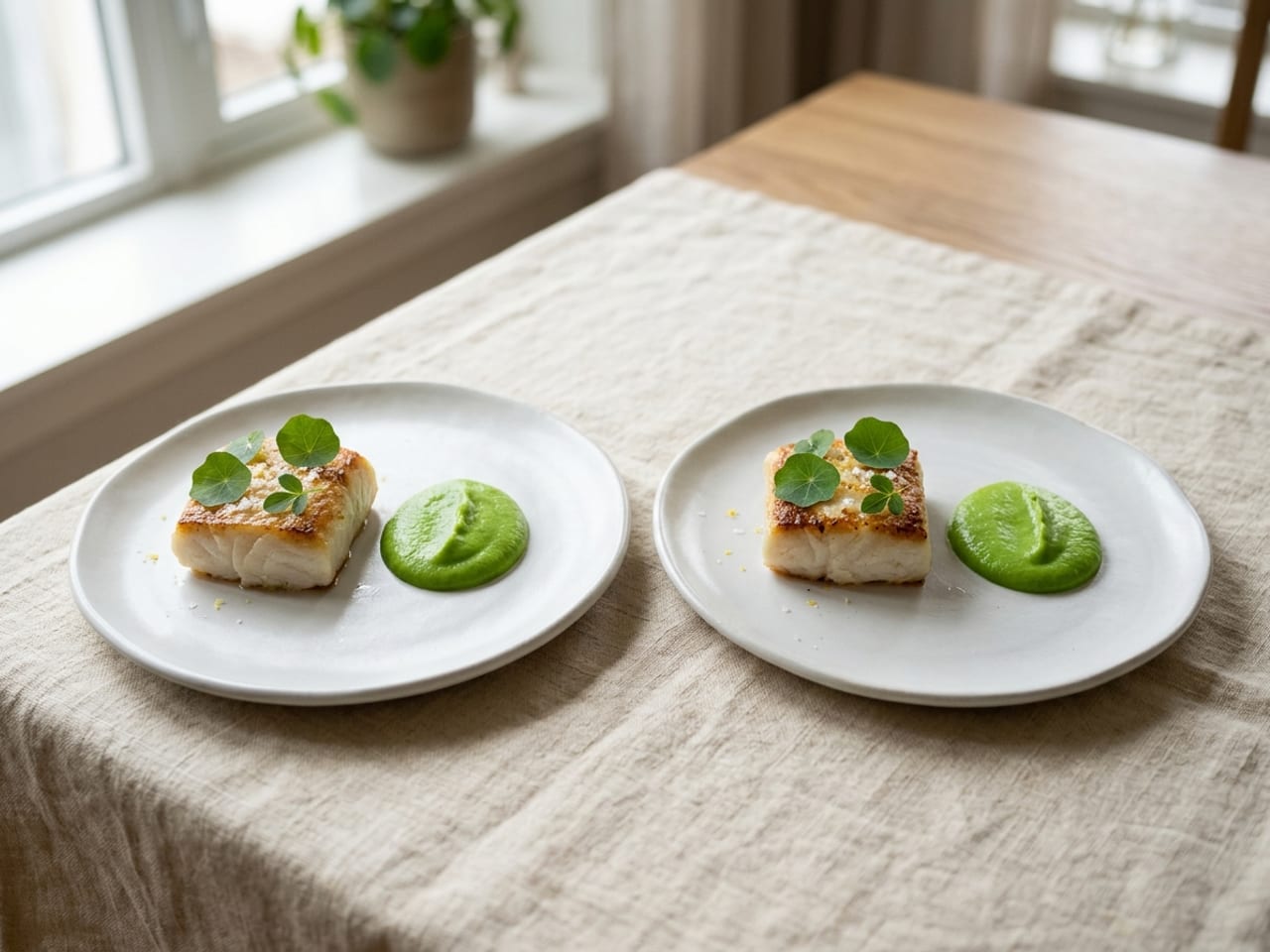 Two identical plated dishes side by side on a pale table: on each white plate the same small piece of seared fish, the same spoon of green purée and the same three leaves, placed in exactly the same way