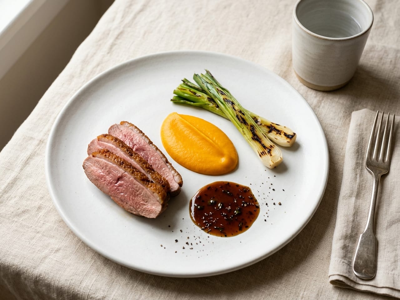 A balanced plated dish on a white plate: slices of roast duck breast, a spoon of orange purée, a few charred baby leeks and a small pool of glossy dark sauce, each element distinct and placed with space around it