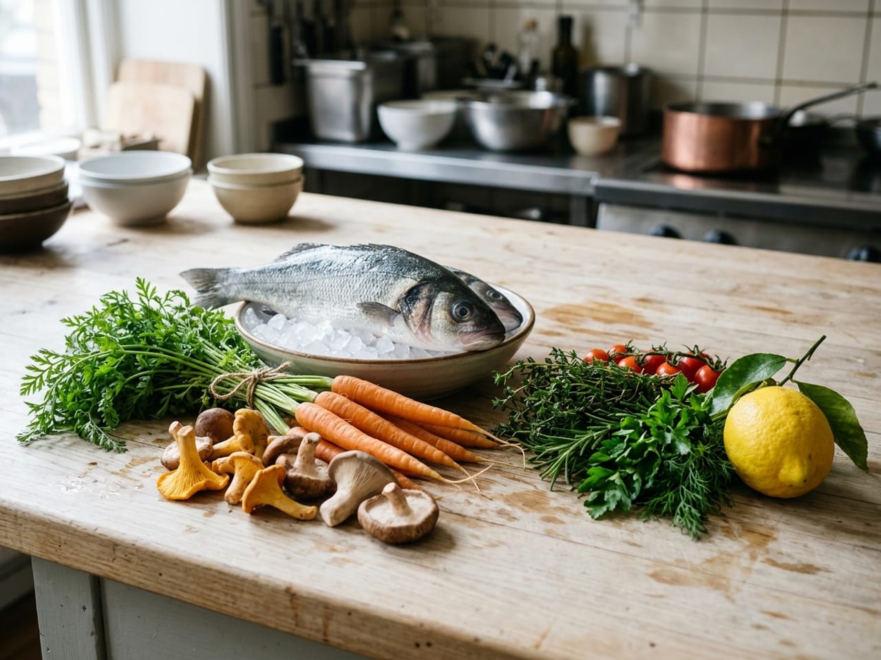 Pristine raw seasonal produce and fish on a pale wooden kitchen counter: a whole small fish with bright clear eyes on crushed ice, young carrots with their green tops, a few mushrooms, a bunch of herbs and a lemon