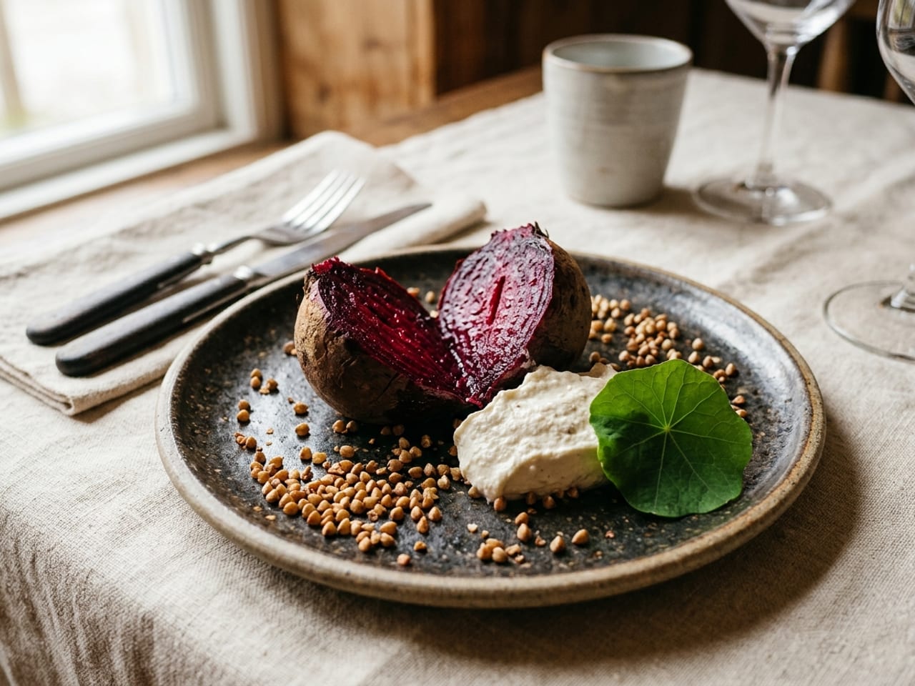 A distinctive signature dish on a dark stoneware plate: a single beetroot baked whole and split open, with a spoon of white smoked cream, scattered toasted buckwheat and one unexpected bright green leaf