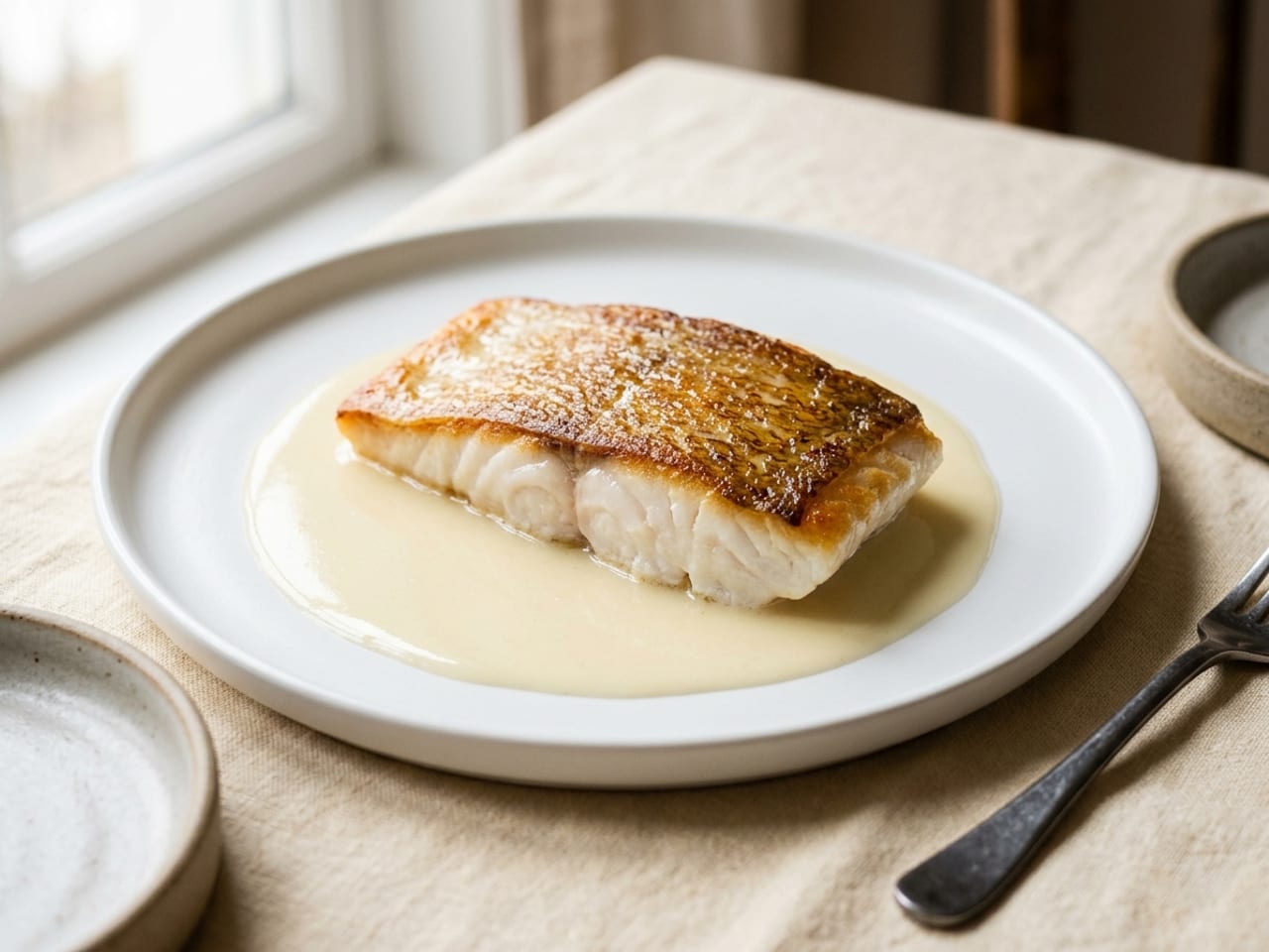 A perfectly seared fillet of white fish with crisp golden skin resting on a mirror-glossy pale butter sauce on a white plate, the flesh just opaque and moist