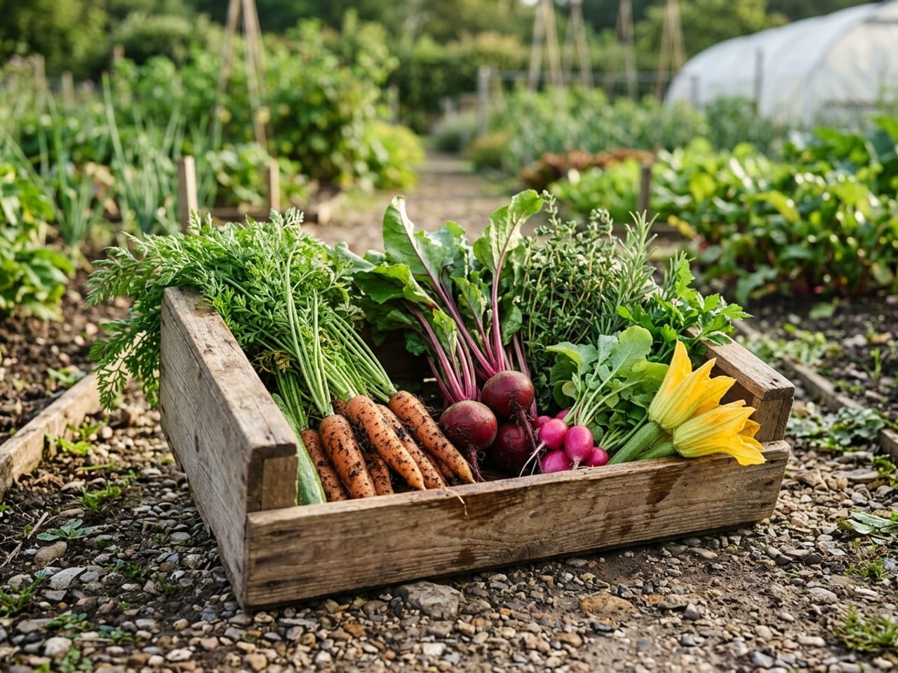 Vegetables just picked from a restaurant kitchen garden in a shallow wooden crate: young carrots with soil still on them, small beetroots with leaves, radishes, herbs and a few courgette flowers