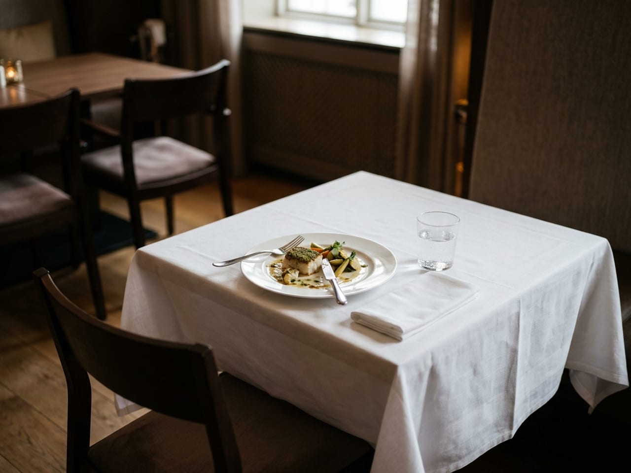 A restaurant table set for one diner in a quiet dining room: one white plate with a small half-eaten course, one glass of water, a folded napkin and cutlery for one, the chair opposite empty