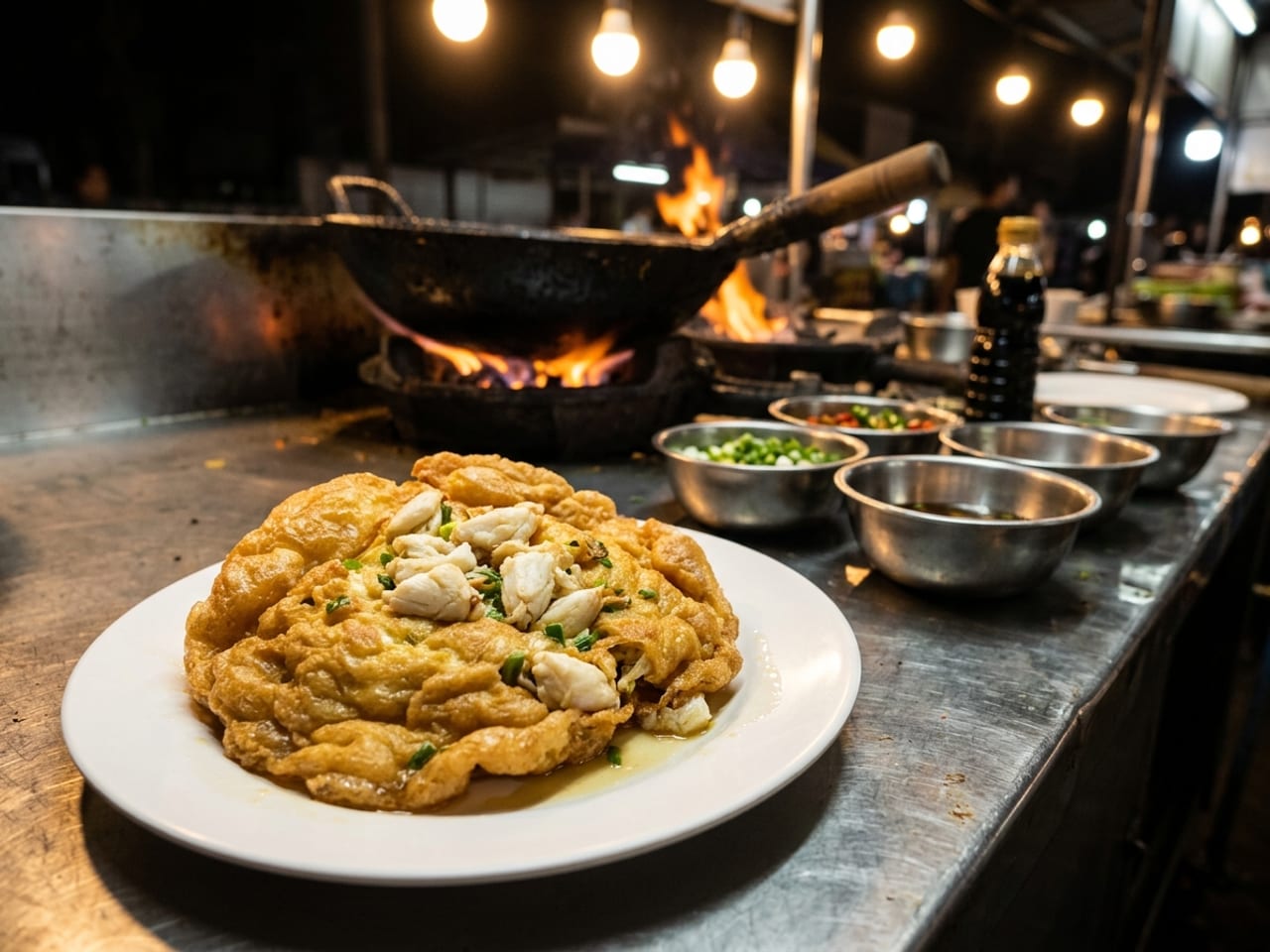 A wok-fried crab omelette, golden and puffed, on a plain white plate on a steel street-food counter at night, a blackened wok and a few bowls of ingredients behind it